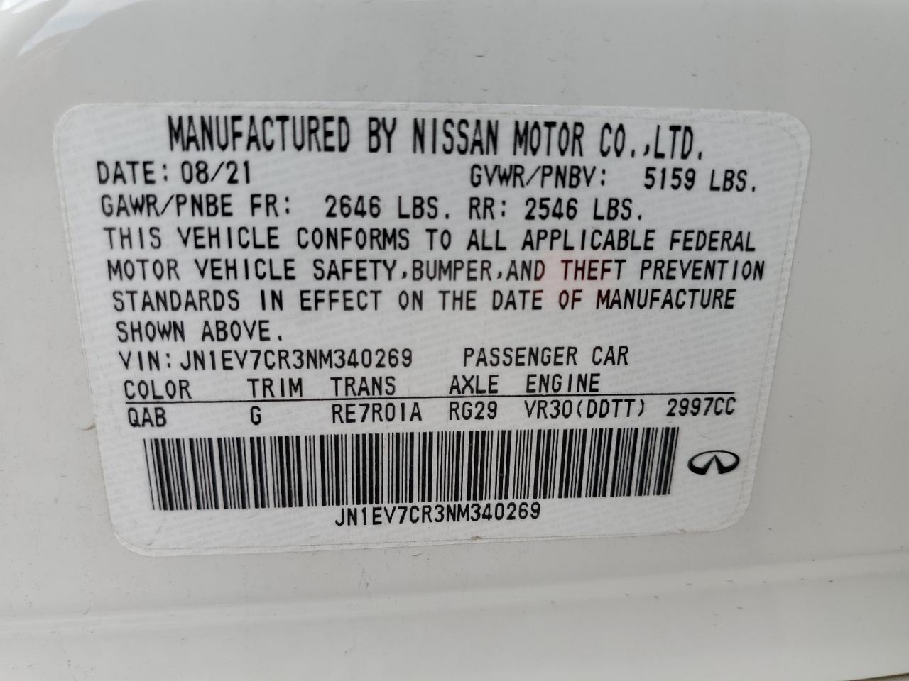 2022 Infiniti Q50 Sensory VIN: JN1EV7CR3NM340269 Lot: 62420395