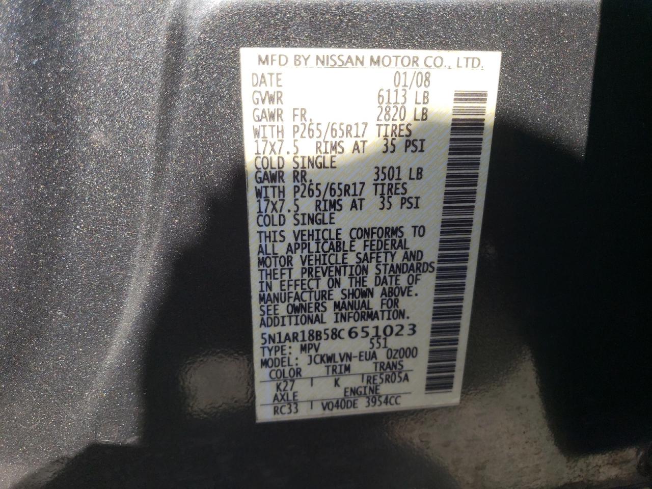 2008 Nissan Pathfinder S VIN: 5N1AR18B58C651023 Lot: 63649405