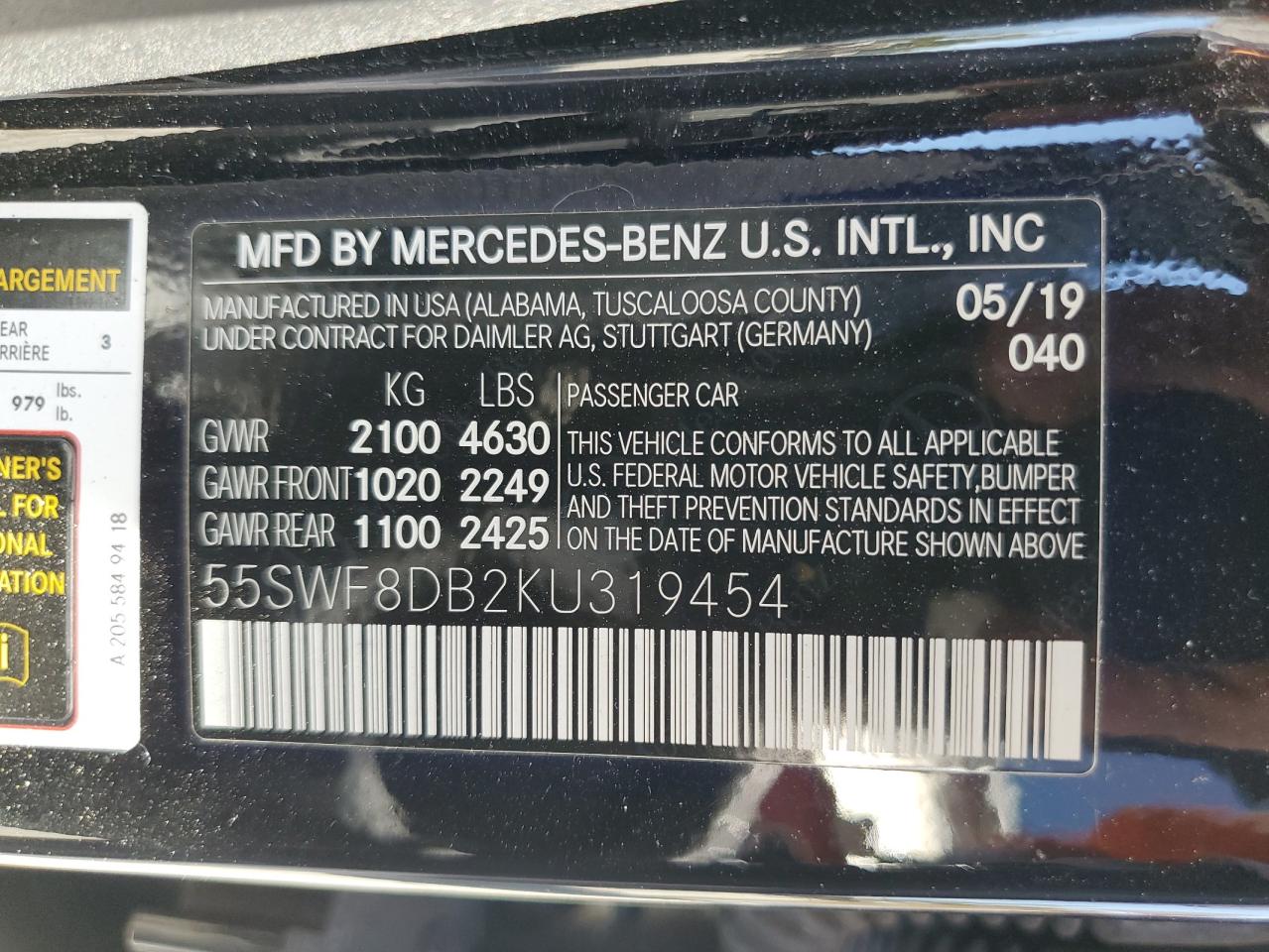 2019 Mercedes-Benz C 300 VIN: 55SWF8DB2KU319454 Lot: 64223005