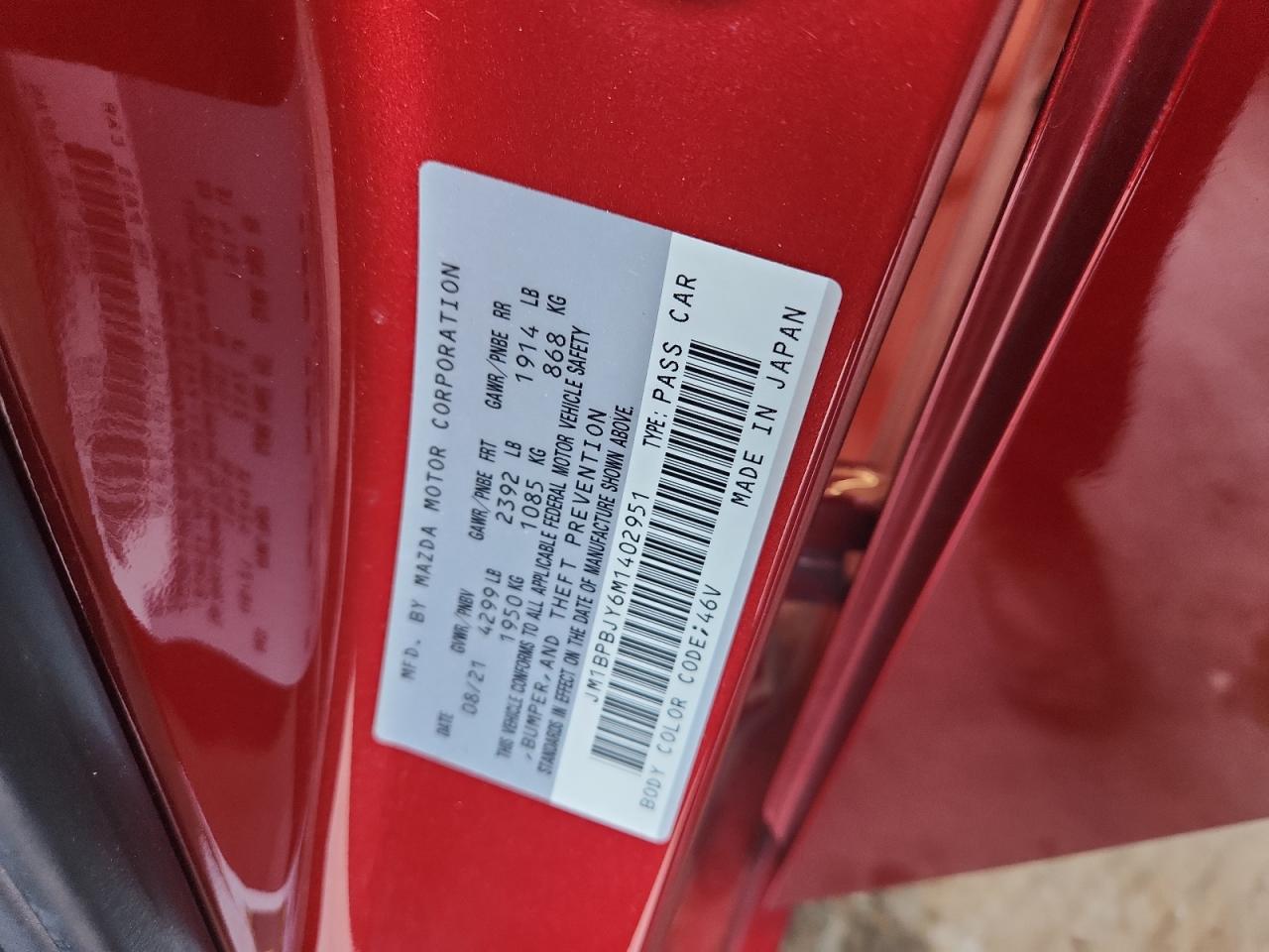 2021 Mazda 3 VIN: JM1BPBJY6M1402951 Lot: 63488765