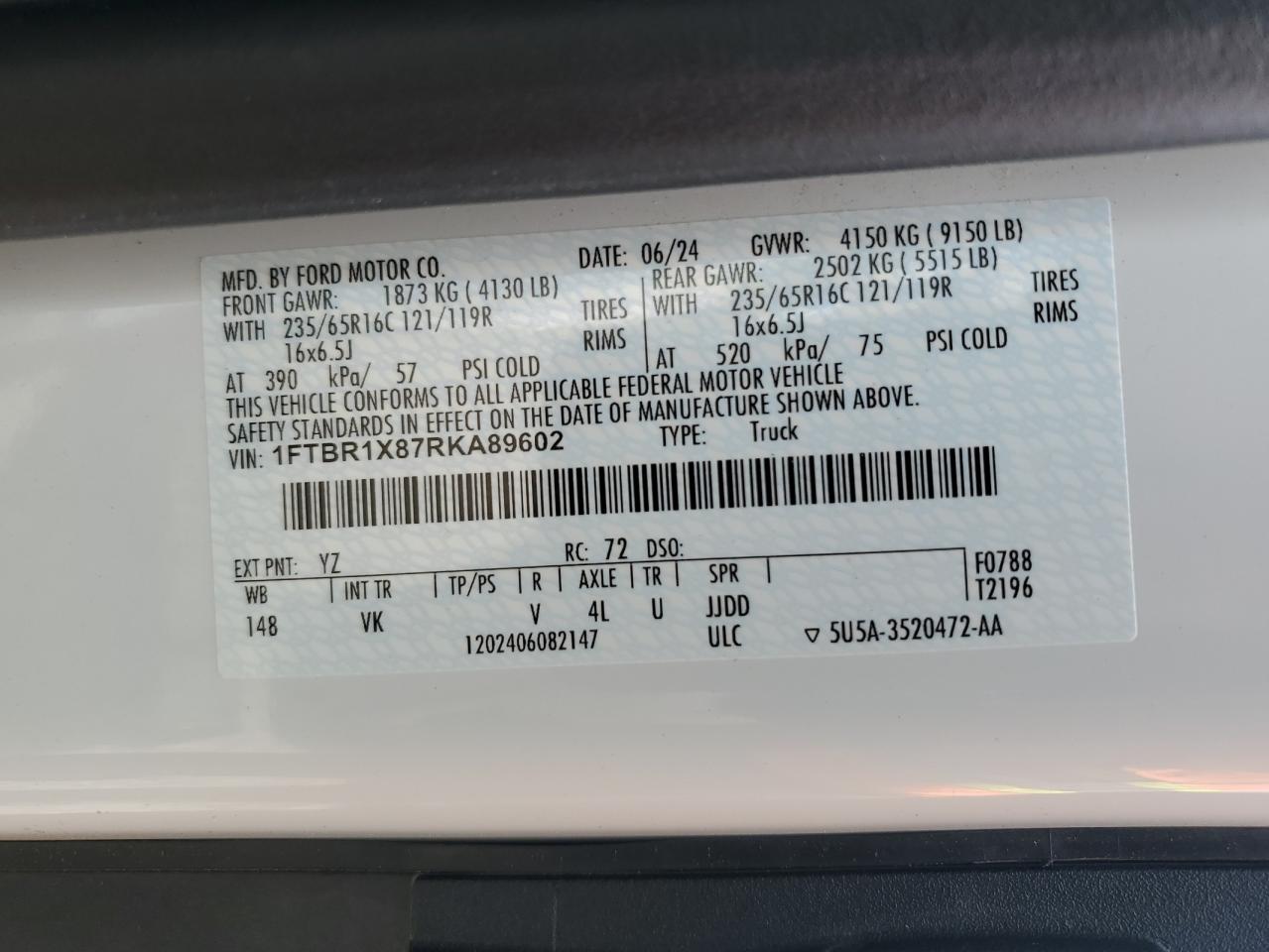 2024 Ford Transit T-250 VIN: 1FTBR1X87RKA89602 Lot: 64959215