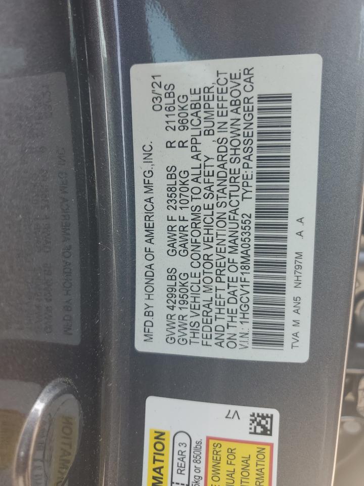 2021 Honda Accord Lx VIN: 1HGCV1F18MA053552 Lot: 63759225