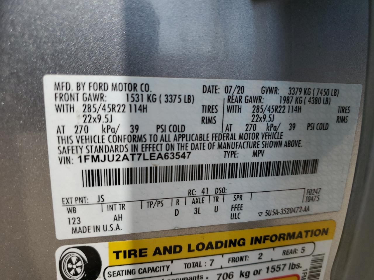 2020 Ford Expedition Limited VIN: 1FMJU2AT7LEA63547 Lot: 66021115