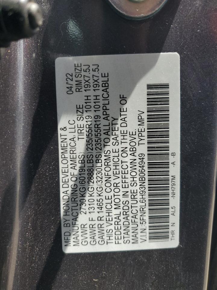 2022 Honda Odyssey Elite VIN: 5FNRL6H93NB064949 Lot: 63990845