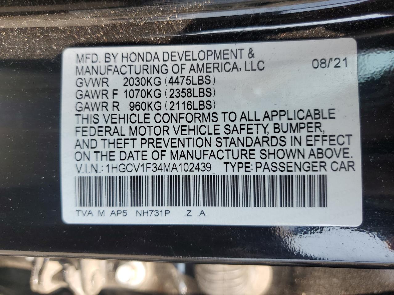 2021 Honda Accord Sport VIN: 1HGCV1F34MA102439 Lot: 63599475