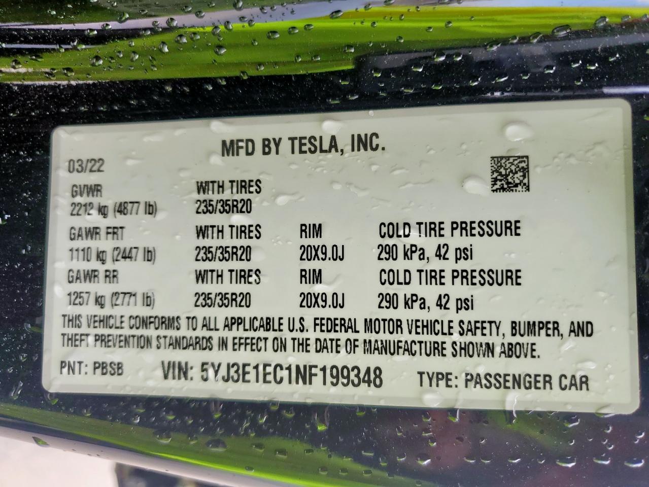 2022 Tesla Model 3 VIN: 5YJ3E1EC1NF199348 Lot: 64236935
