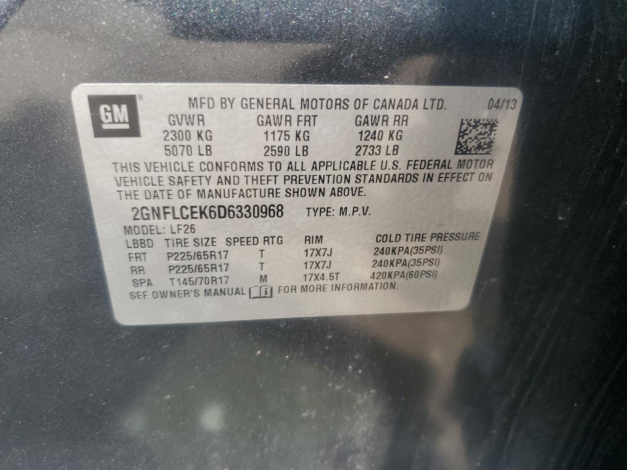 2013 Chevrolet Equinox Ls VIN: 2GNFLCEK6D6330968 Lot: 64895115
