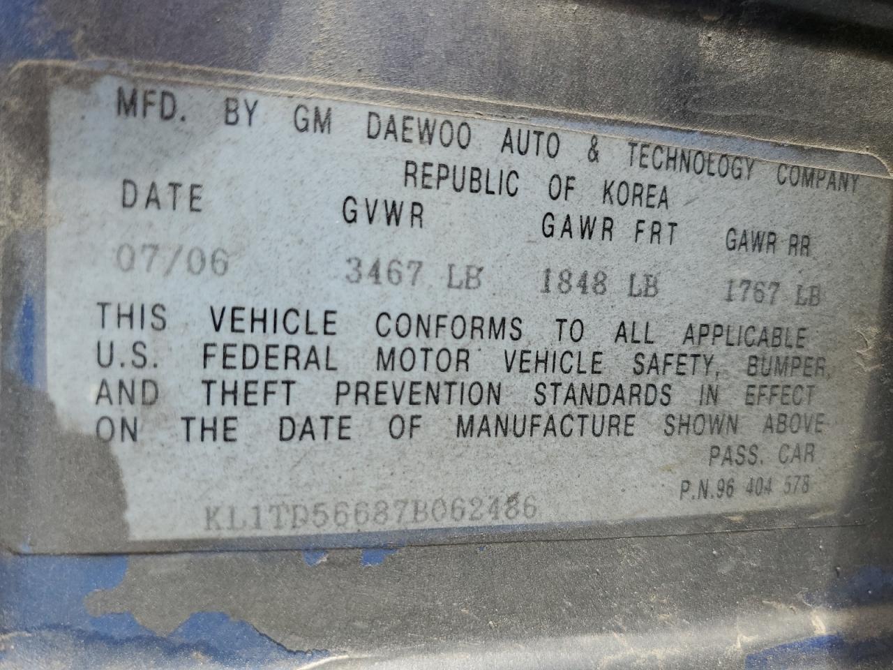 2007 Chevrolet Aveo Base VIN: KL1TD56687B062486 Lot: 64524895