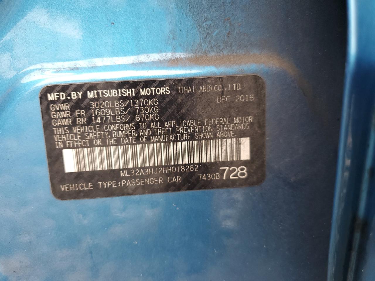 2017 Mitsubishi Mirage Es VIN: ML32A3HJ2HH018262 Lot: 64458095