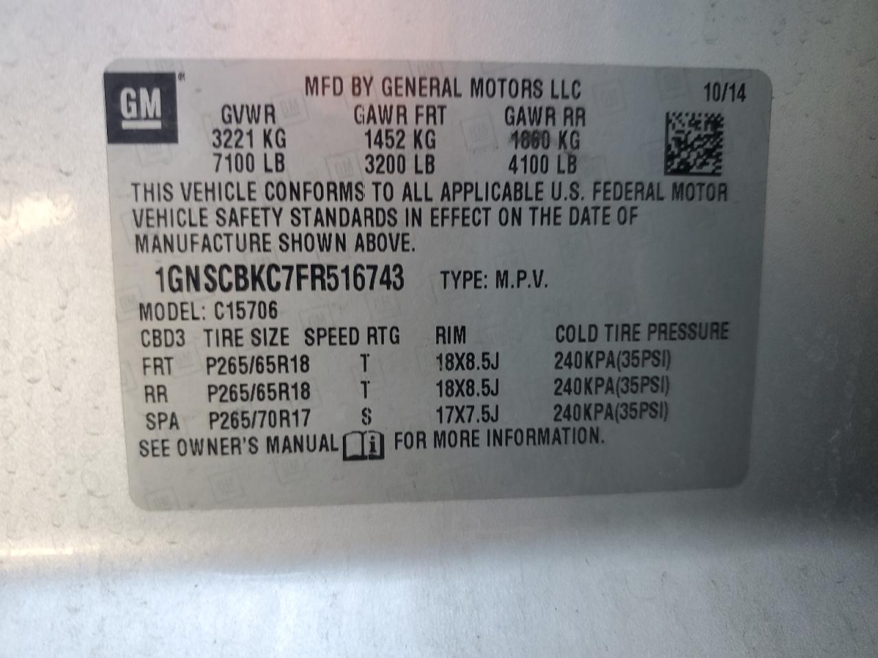 2015 Chevrolet Tahoe C1500 Lt VIN: 1GNSCBKC7FR516743 Lot: 66160085