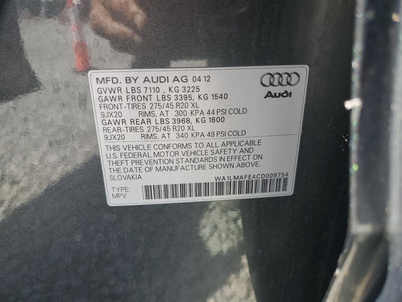 2012 Audi Q7 Premium Plus VIN: WA1LMAFE4CD009754 Lot: 63566565