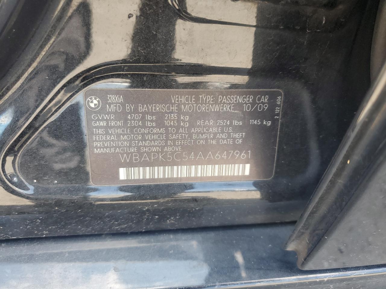 2010 BMW 328 Xi Sulev VIN: WBAPK5C54AA647961 Lot: 63183585