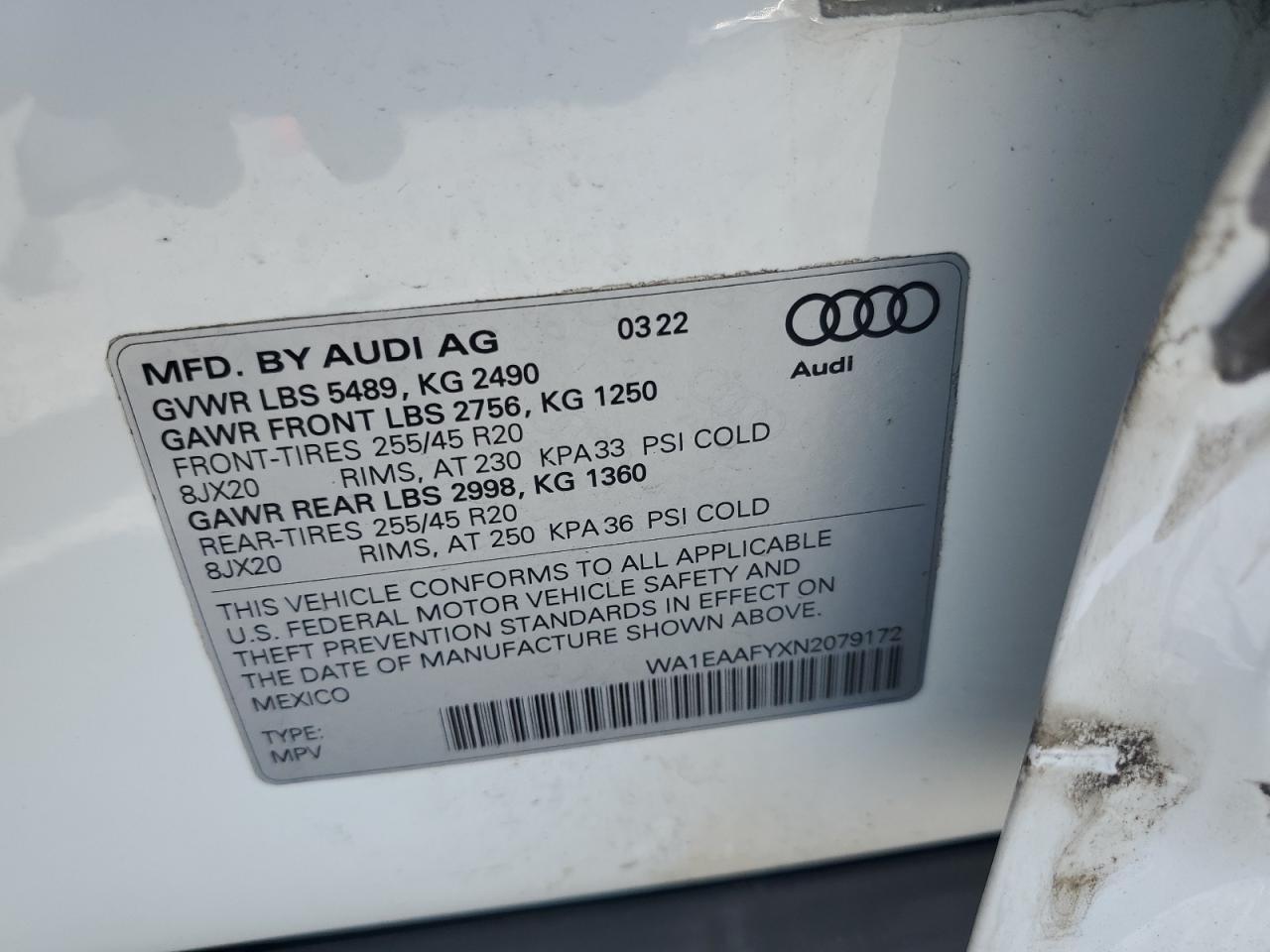 2022 Audi Q5 Premium Plus 45 VIN: WA1EAAFYXN2079172 Lot: 65145585