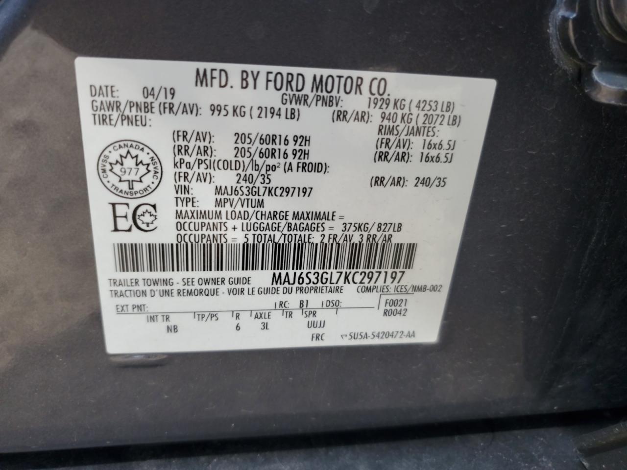 2019 Ford Ecosport Se VIN: MAJ6S3GL7KC297197 Lot: 65913135