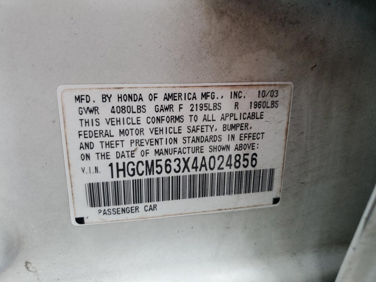 2004 Honda Accord Lx VIN: 1HGCM563X4A024856 Lot: 66395735