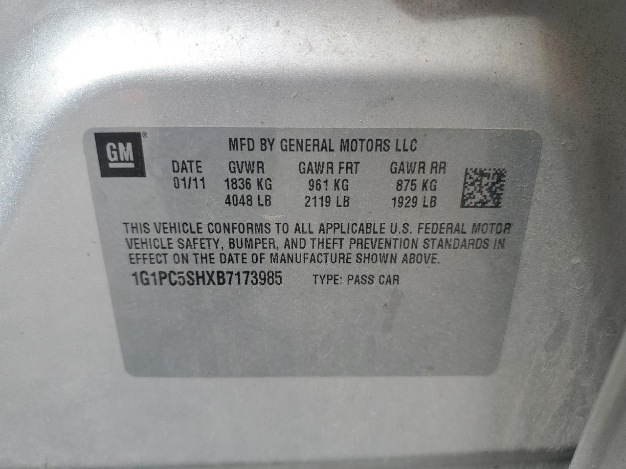 2011 Chevrolet Cruze Ls VIN: 1G1PC5SHXB7173985 Lot: 63233915