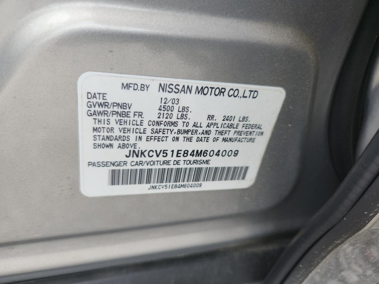 2004 Infiniti G35 VIN: JNKCV51E84M604009 Lot: 62836125