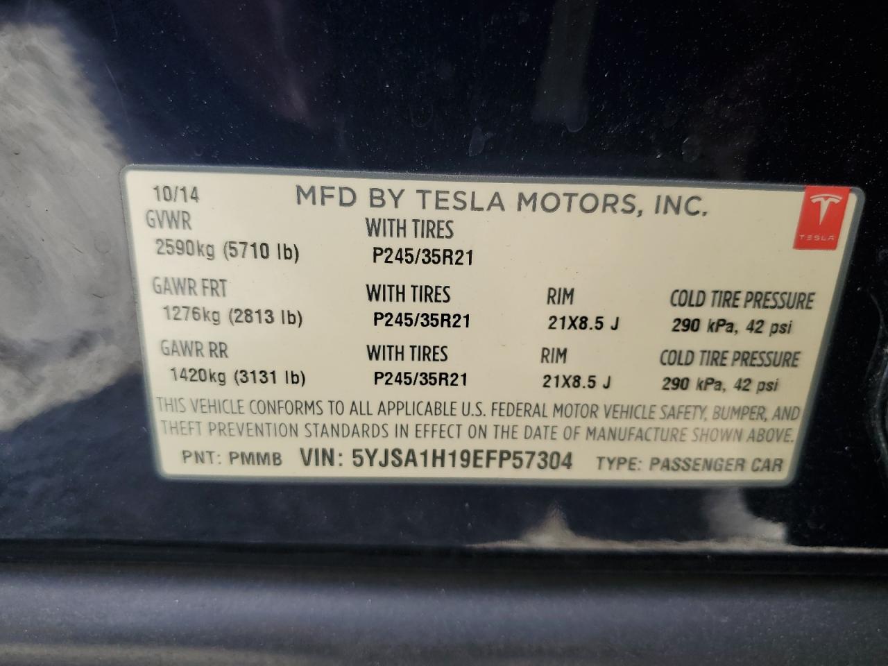 2014 Tesla Model S VIN: 5YJSA1H19EFP57304 Lot: 63802355