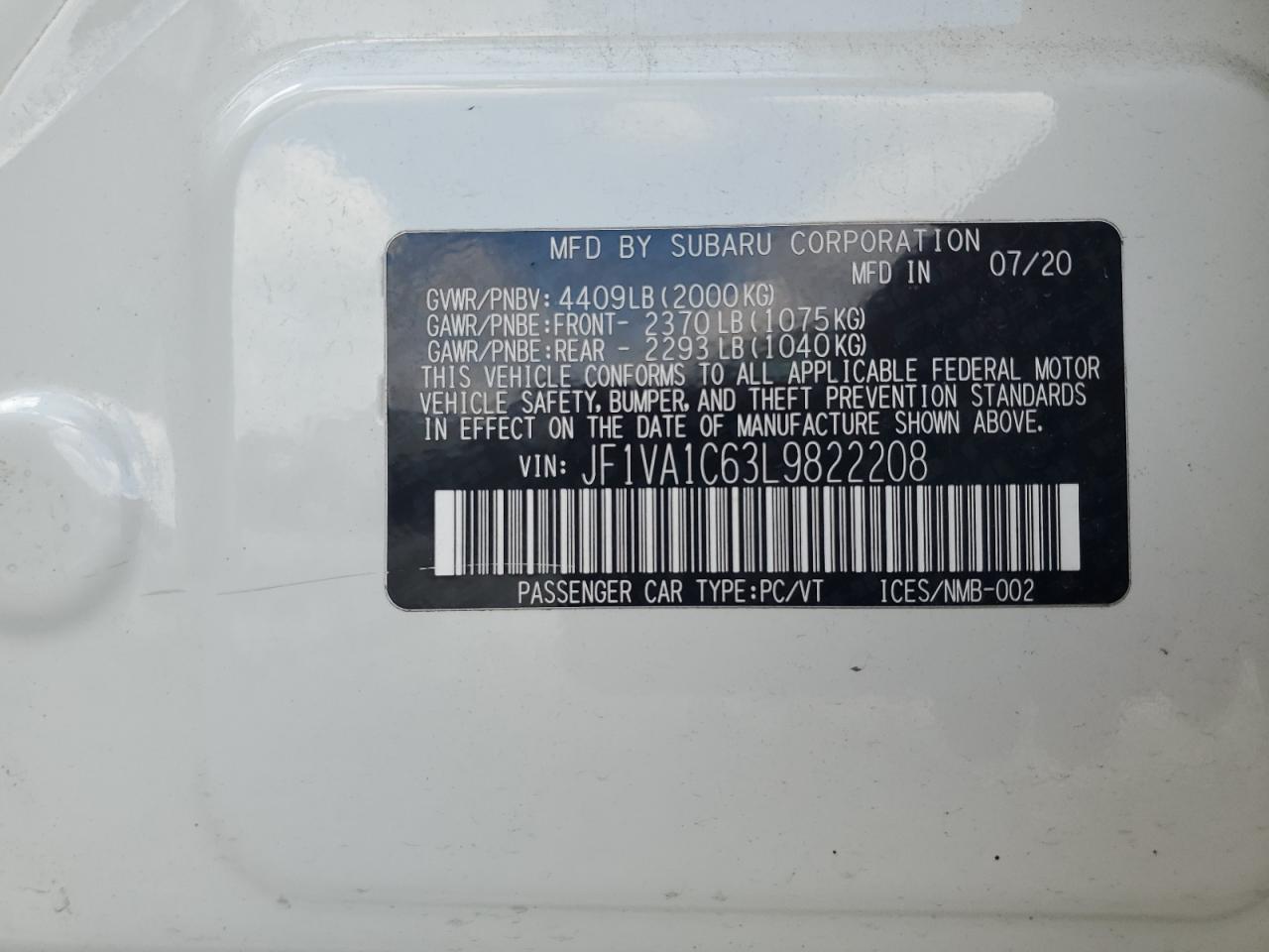 2020 Subaru Wrx Premium VIN: JF1VA1C63L9822208 Lot: 64765995