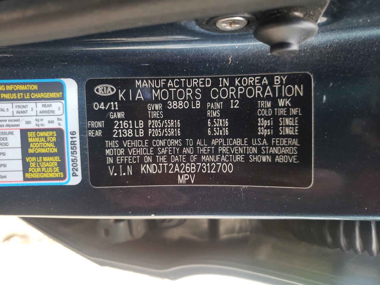 2011 Kia Soul + VIN: KNDJT2A26B7312700 Lot: 63675735