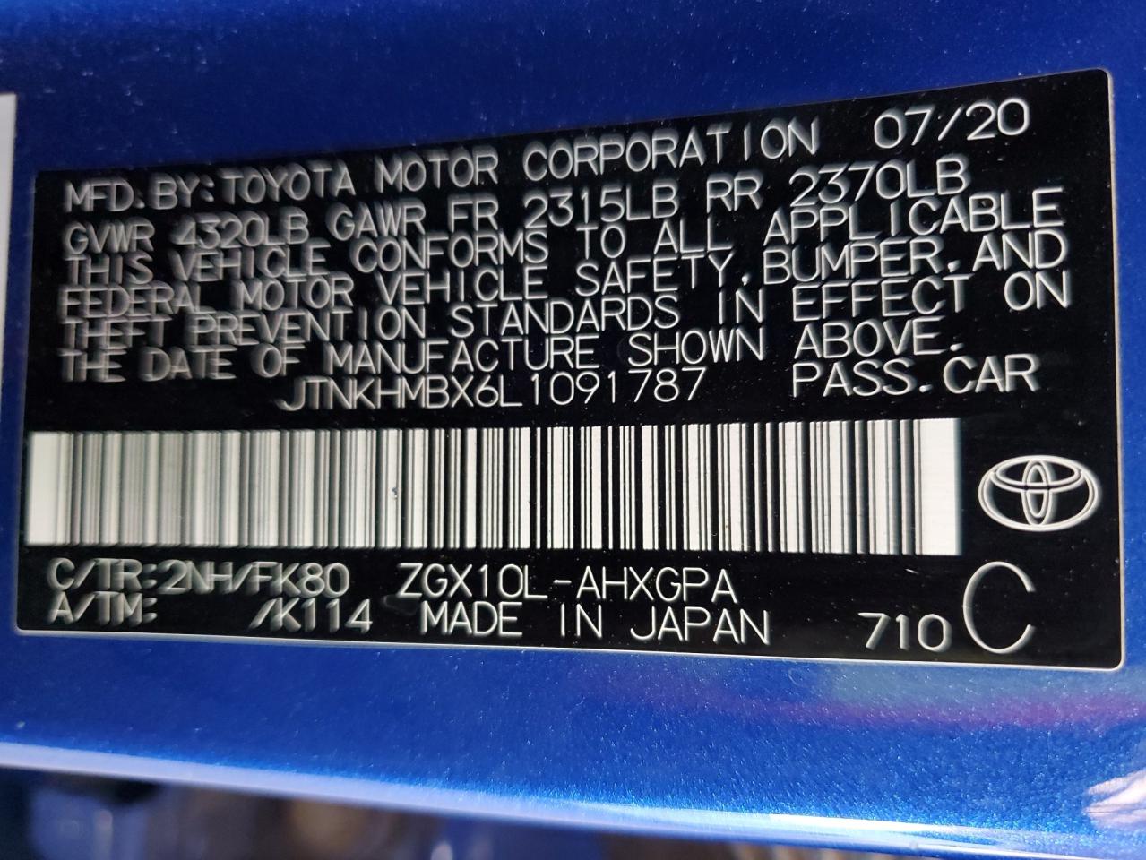2020 Toyota C-Hr Xle VIN: JTNKHMBX6L1091787 Lot: 64015075