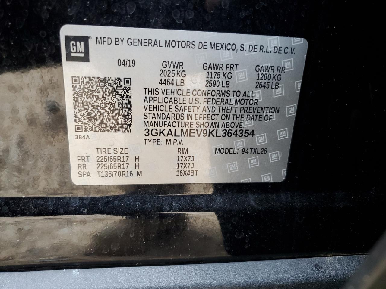 2019 GMC Terrain Sle VIN: 3GKALMEV9KL364354 Lot: 66208445