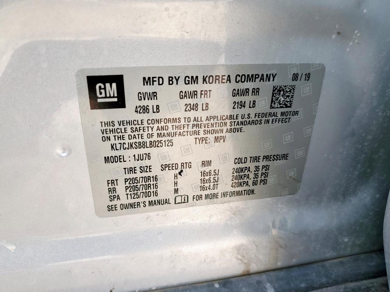 2020 Chevrolet Trax Ls VIN: KL7CJKSB8LB025125 Lot: 63009585