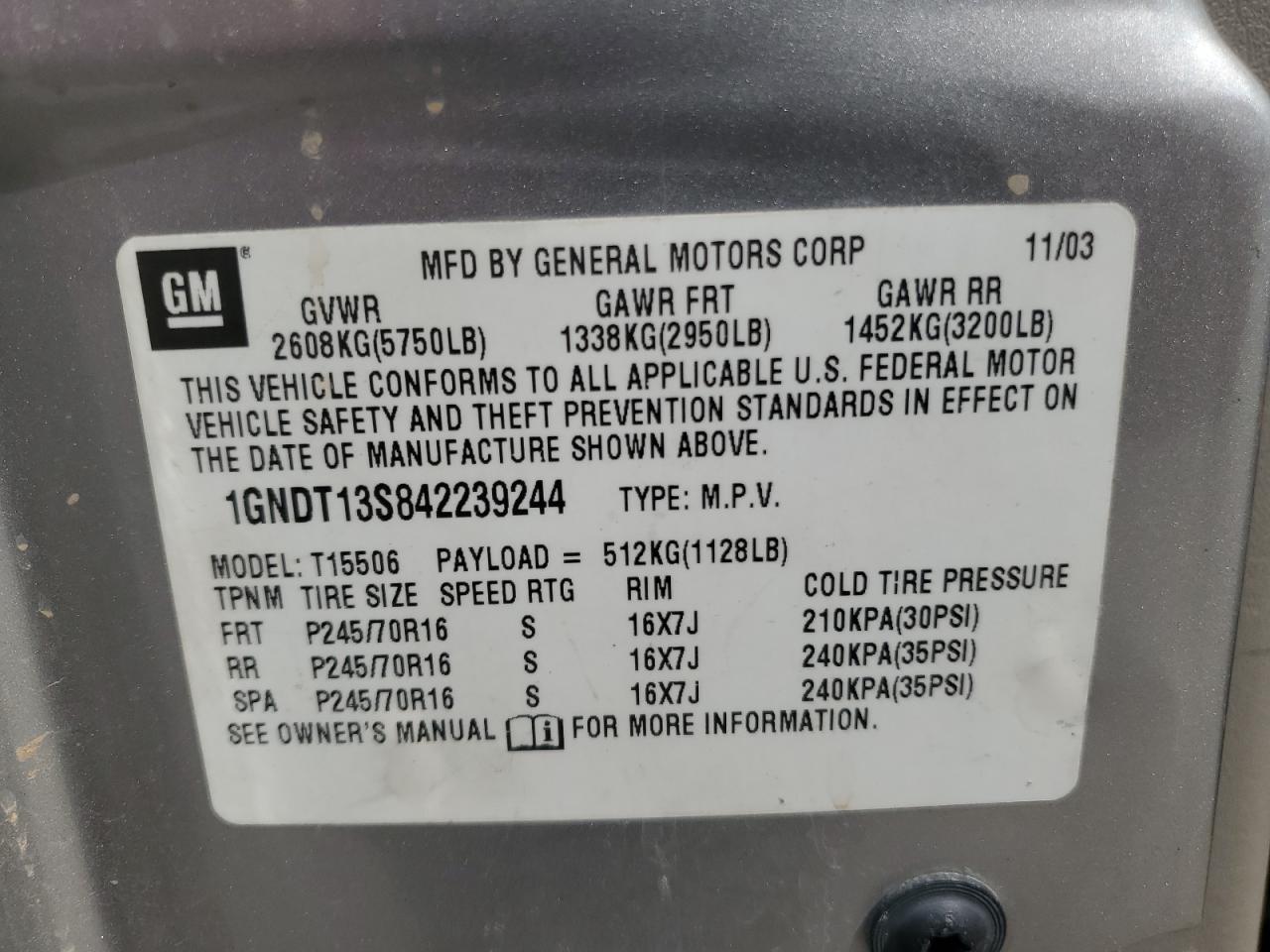 1gndt13s842239244 1GNDT13S842239244 2004 Chevrolet Trailblazer Ls