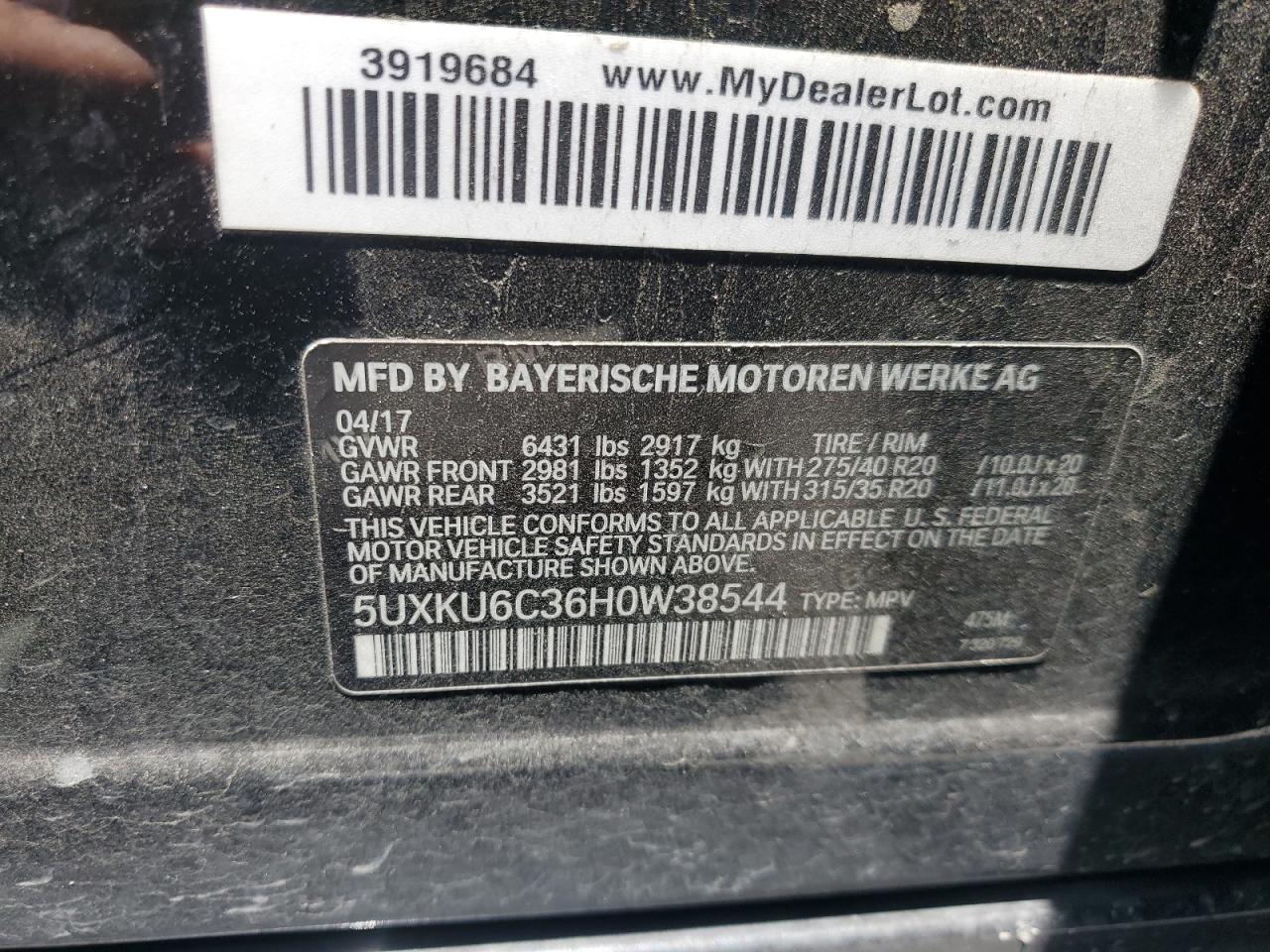 2017 BMW X6 xDrive50I VIN: 5UXKU6C36H0W38544 Lot: 63162835
