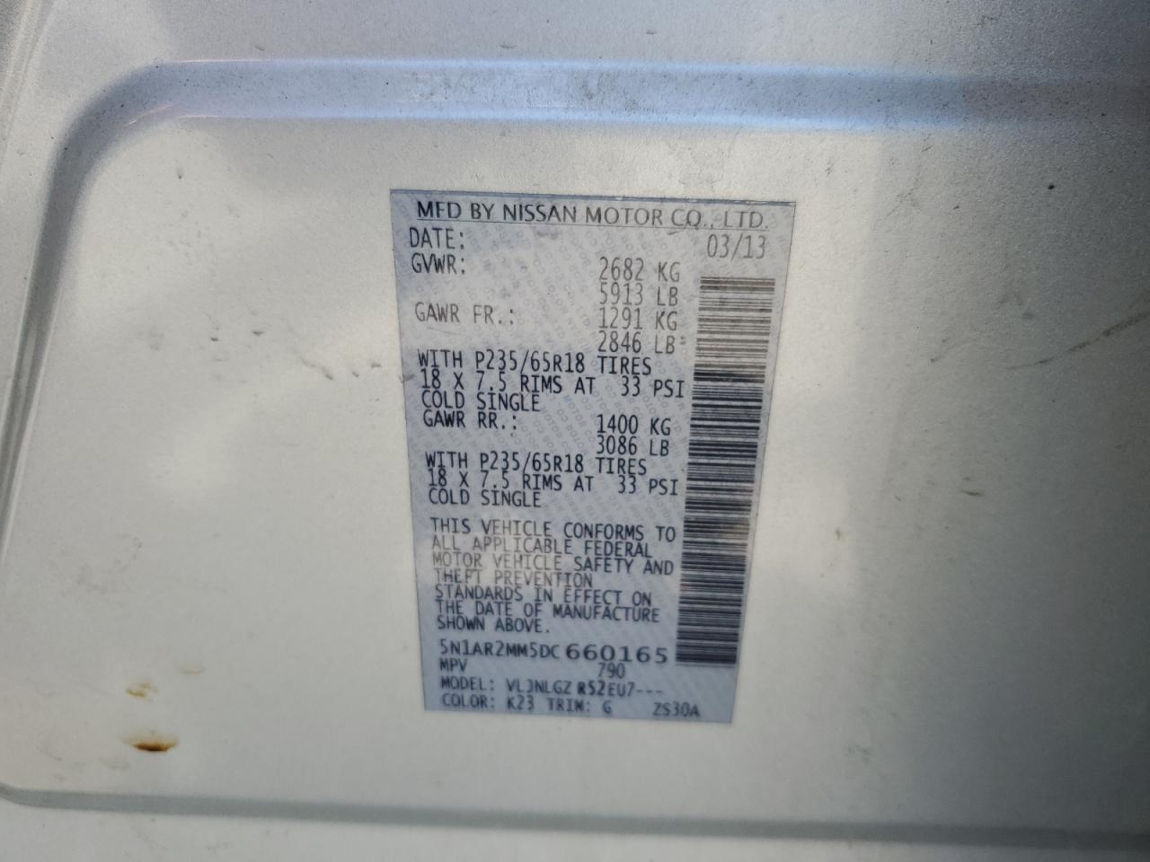 2013 Nissan Pathfinder S VIN: 5N1AR2MM5DC660165 Lot: 65888605