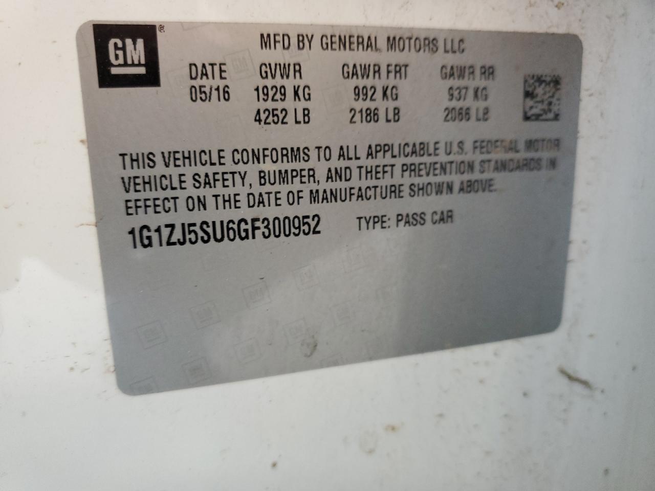 2016 Chevrolet Malibu Hybrid VIN: 1G1ZJ5SU6GF300952 Lot: 65541735