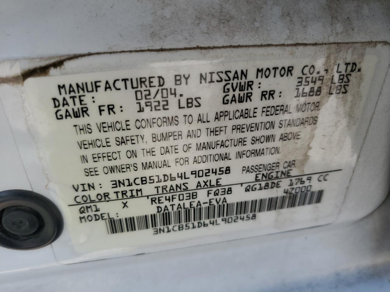 2004 Nissan Sentra 1.8 VIN: 3N1CB51D64L902458 Lot: 65268885