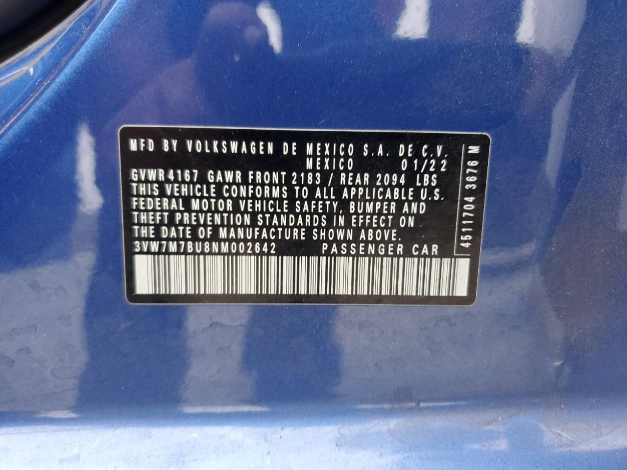 2022 Volkswagen Jetta Se VIN: 3VW7M7BU8NM002642 Lot: 65435675