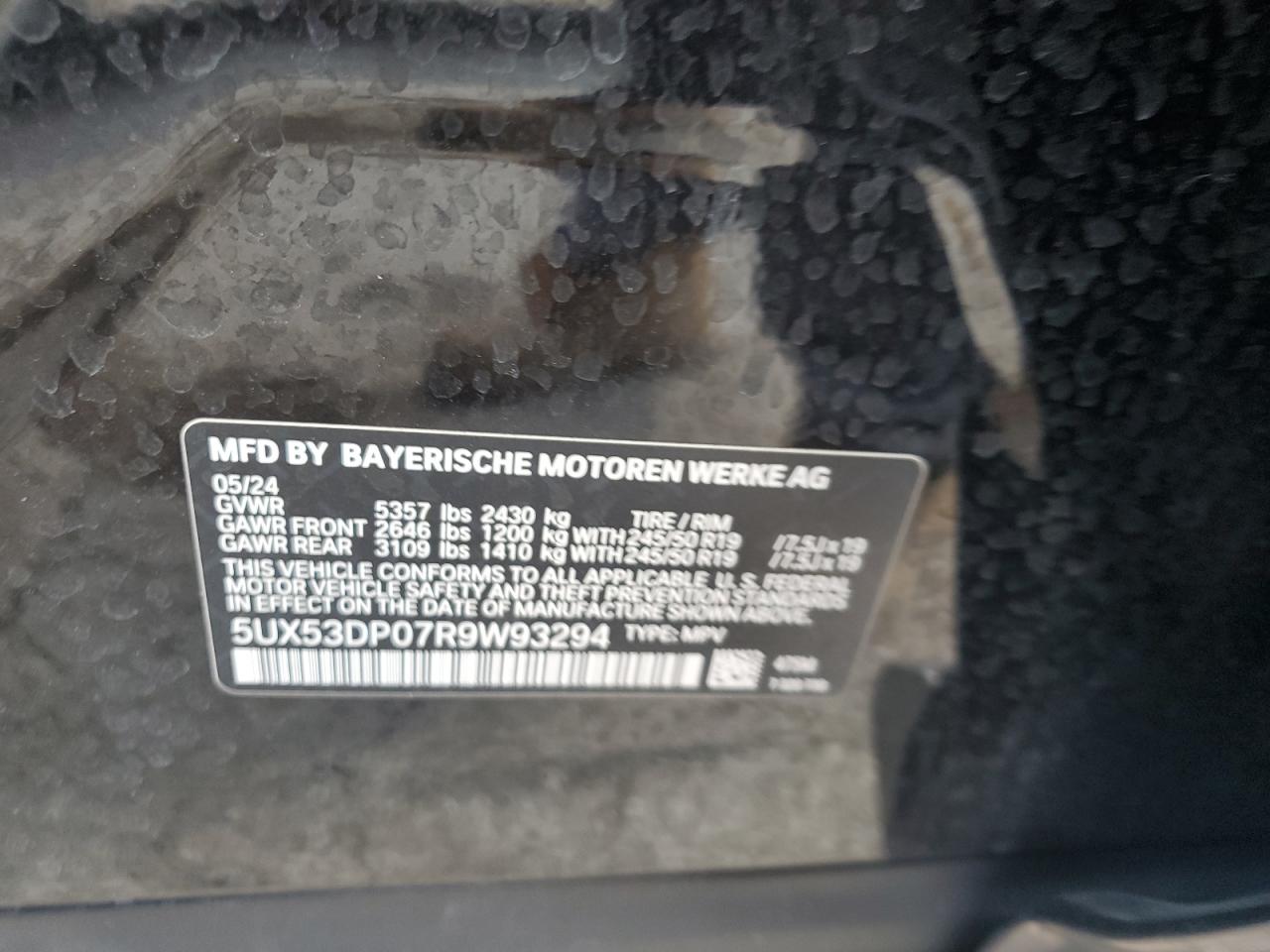 2024 BMW X3 xDrive30I VIN: 5UX53DP07R9W93294 Lot: 64110805