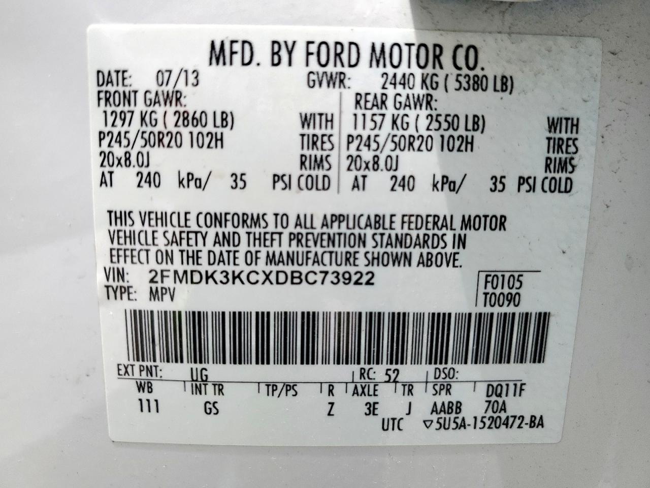 2013 Ford Edge Limited VIN: 2FMDK3KCXDBC73922 Lot: 63362915