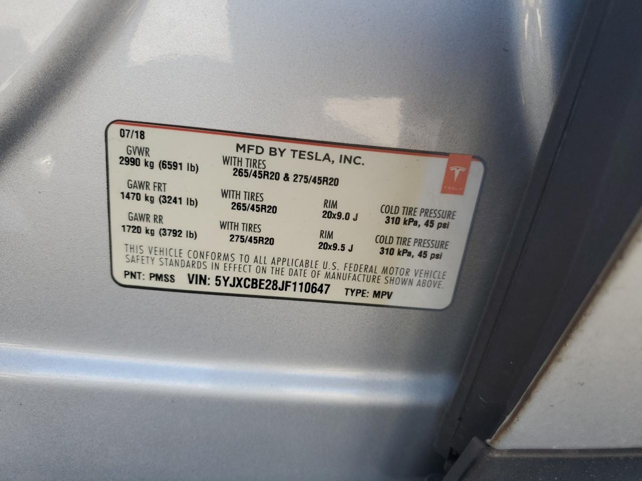 2018 Tesla Model X VIN: 5YJXCBE28JF110647 Lot: 64316025