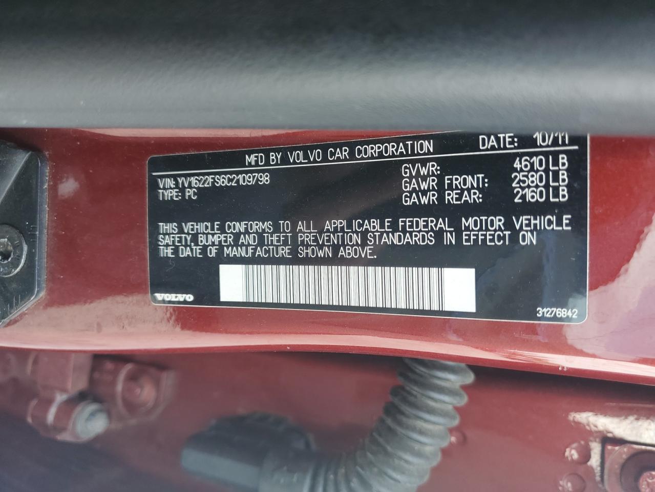 2012 Volvo S60 T5 VIN: YV1622FS6C2109798 Lot: 64440305