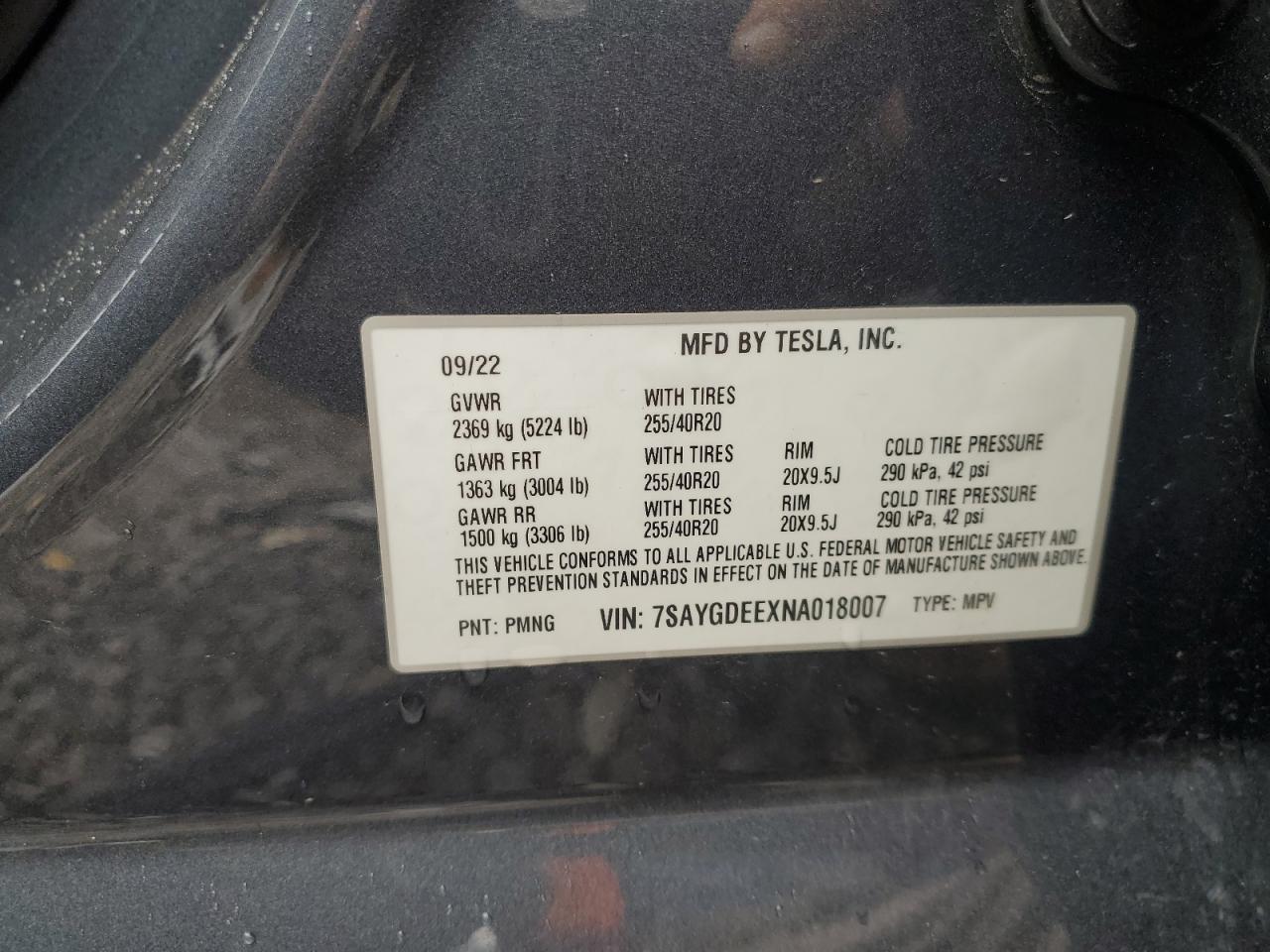 2022 Tesla Model Y VIN: 7SAYGDEEXNA018007 Lot: 63657195