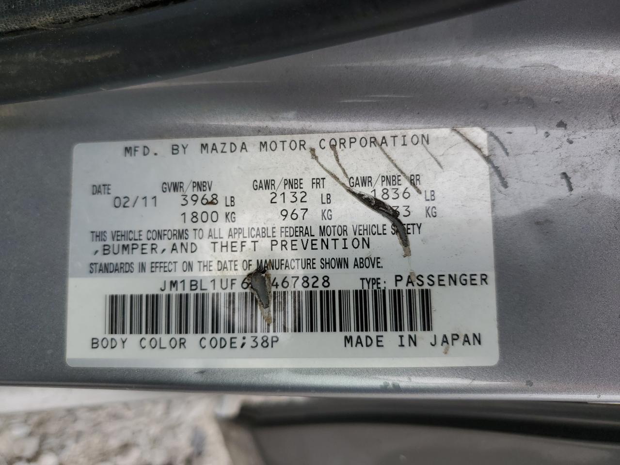 2011 Mazda 3 I VIN: JM1BL1UF6B1467828 Lot: 64803615