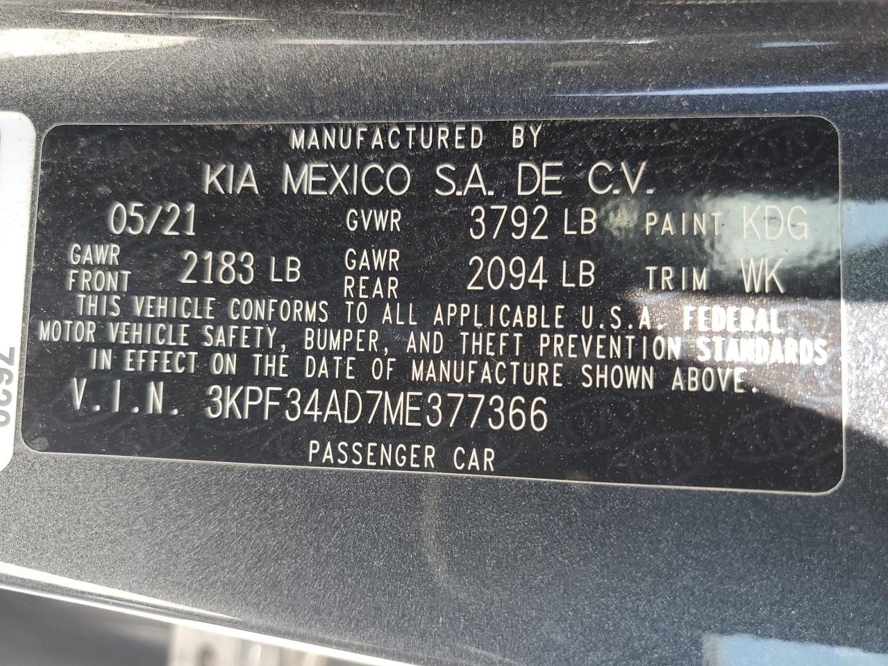 2021 Kia Forte Gt Line VIN: 3KPF34AD7ME377366 Lot: 62833185