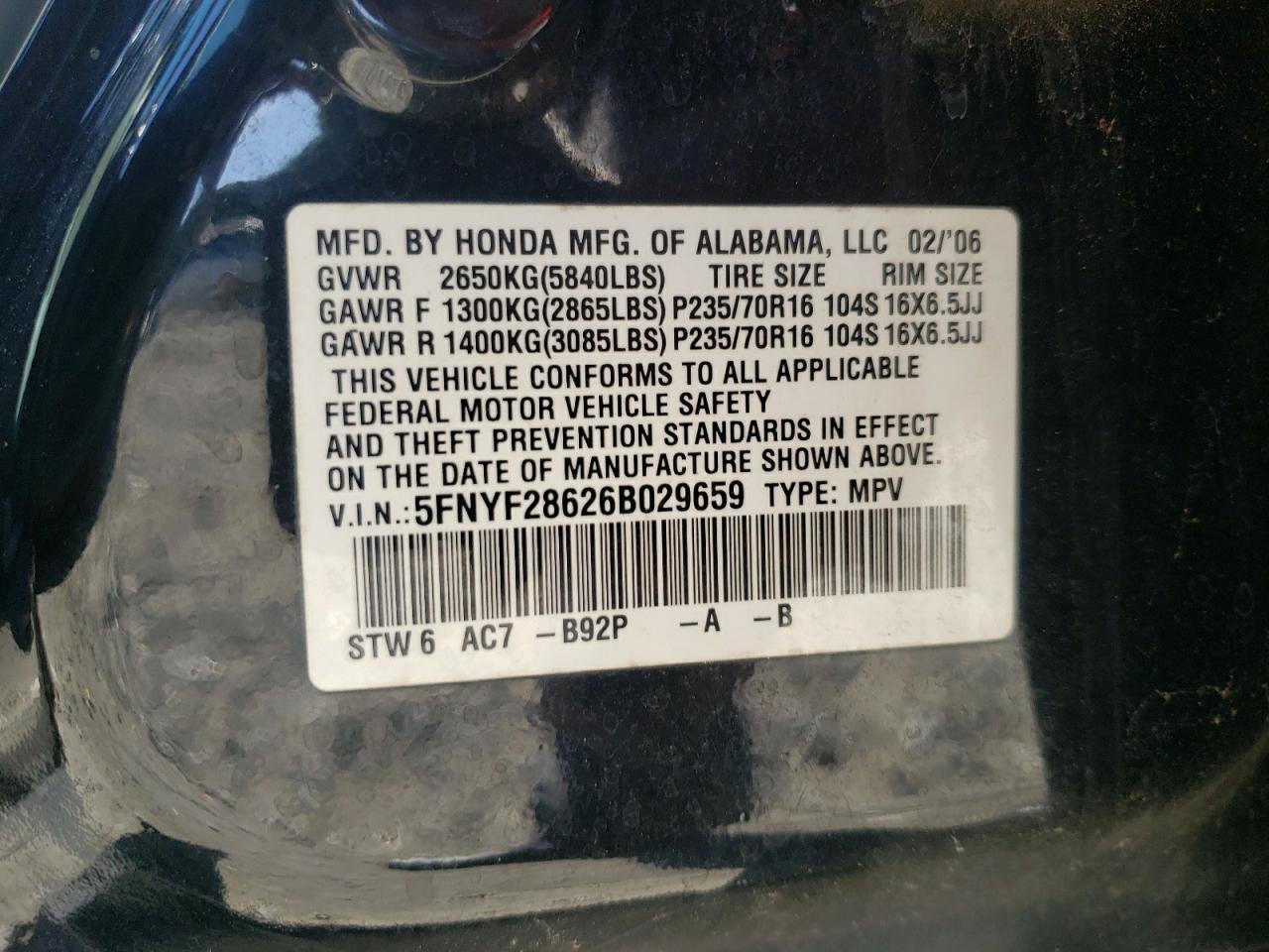 2006 Honda Pilot Ex VIN: 5FNYF28626B029659 Lot: 64386265