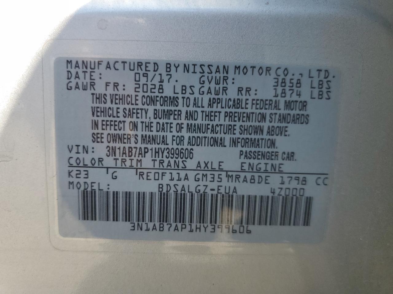 2017 Nissan Sentra S VIN: 3N1AB7AP1HY399606 Lot: 64487515