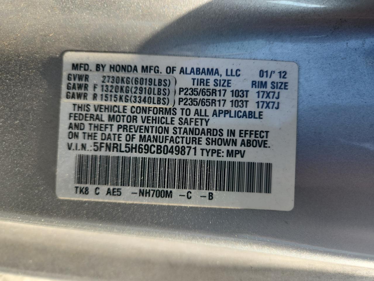 2012 Honda Odyssey Exl VIN: 5FNRL5H69CB049871 Lot: 62937315