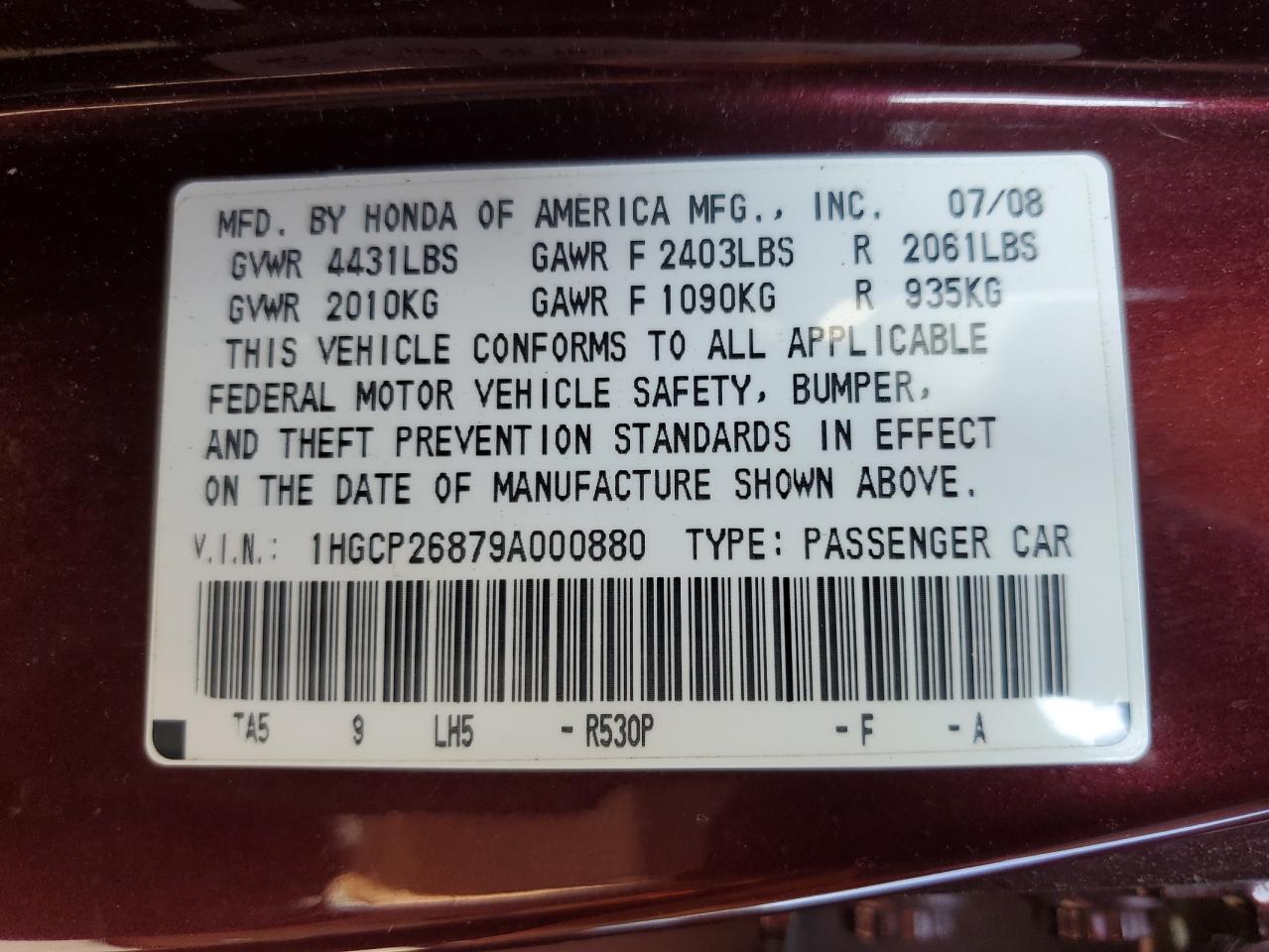 1HGCP26879A000880 2009 Honda Accord Exl