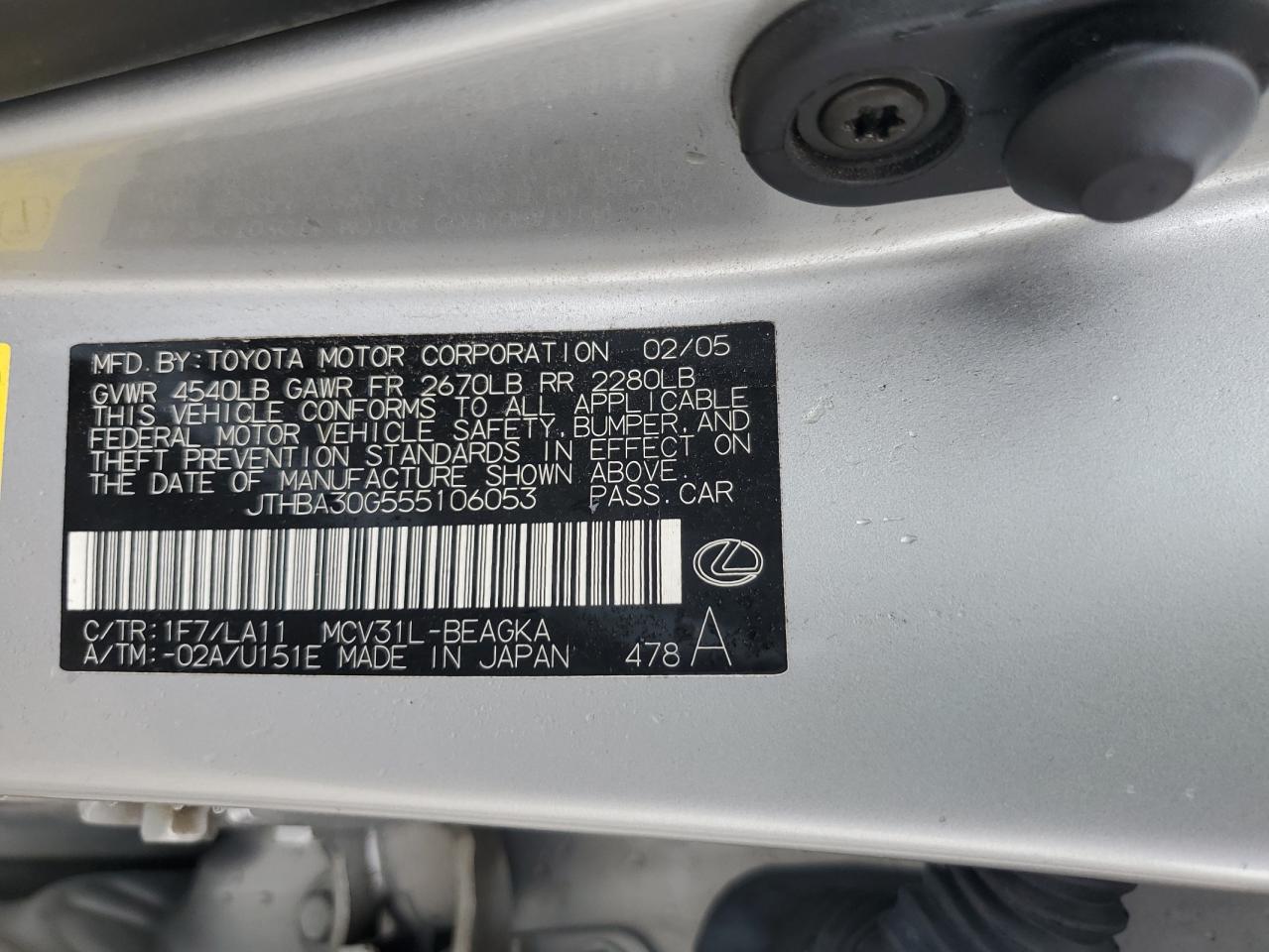 2005 Lexus Es 330 VIN: JTHBA30G555106053 Lot: 63398285
