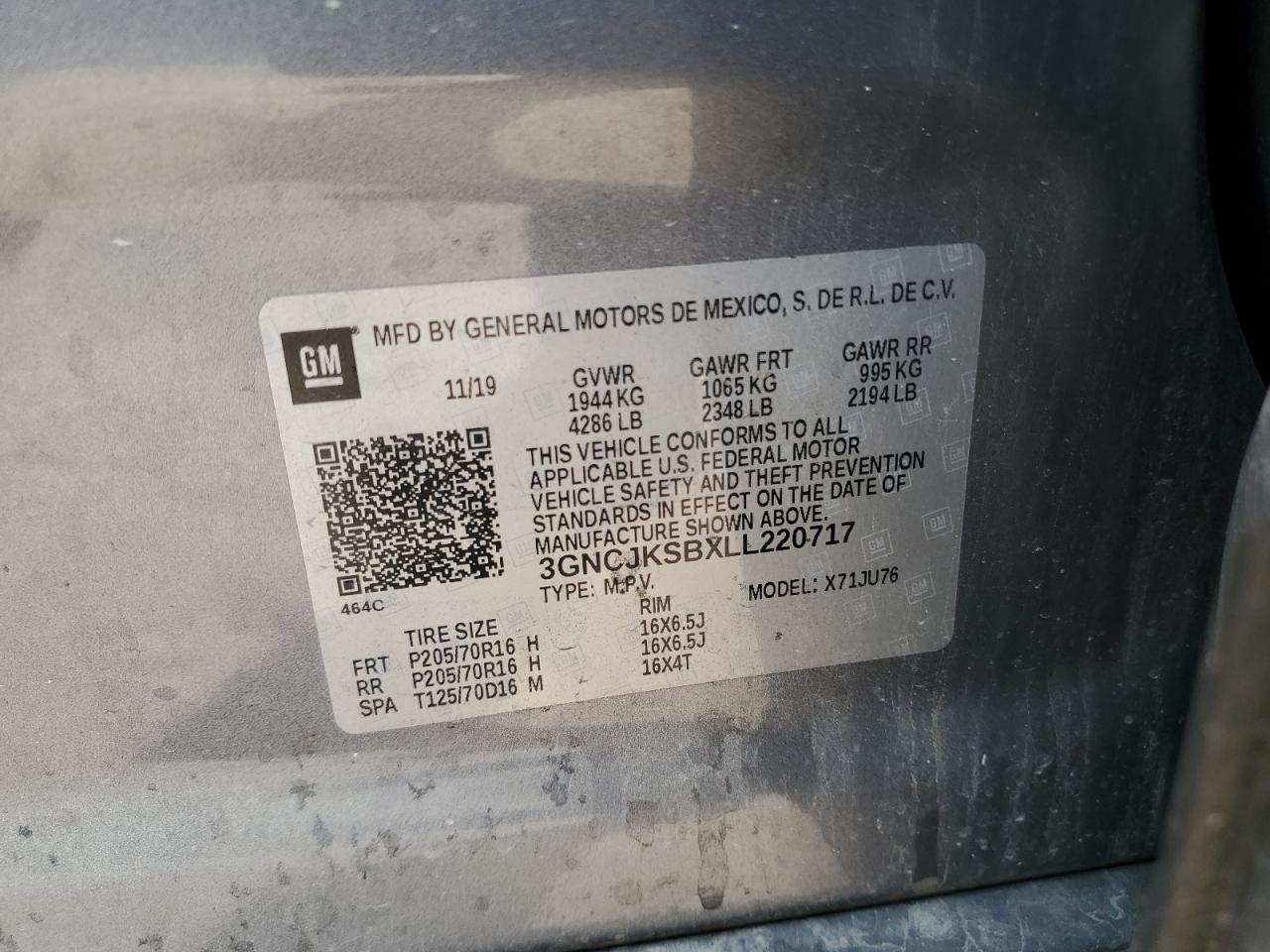 2020 Chevrolet Trax Ls VIN: 3GNCJKSBXLL220717 Lot: 65341355