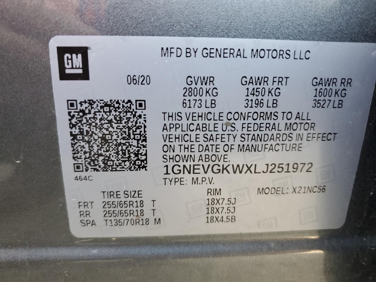 2020 Chevrolet Traverse Lt VIN: 1GNEVGKWXLJ251972 Lot: 64311685