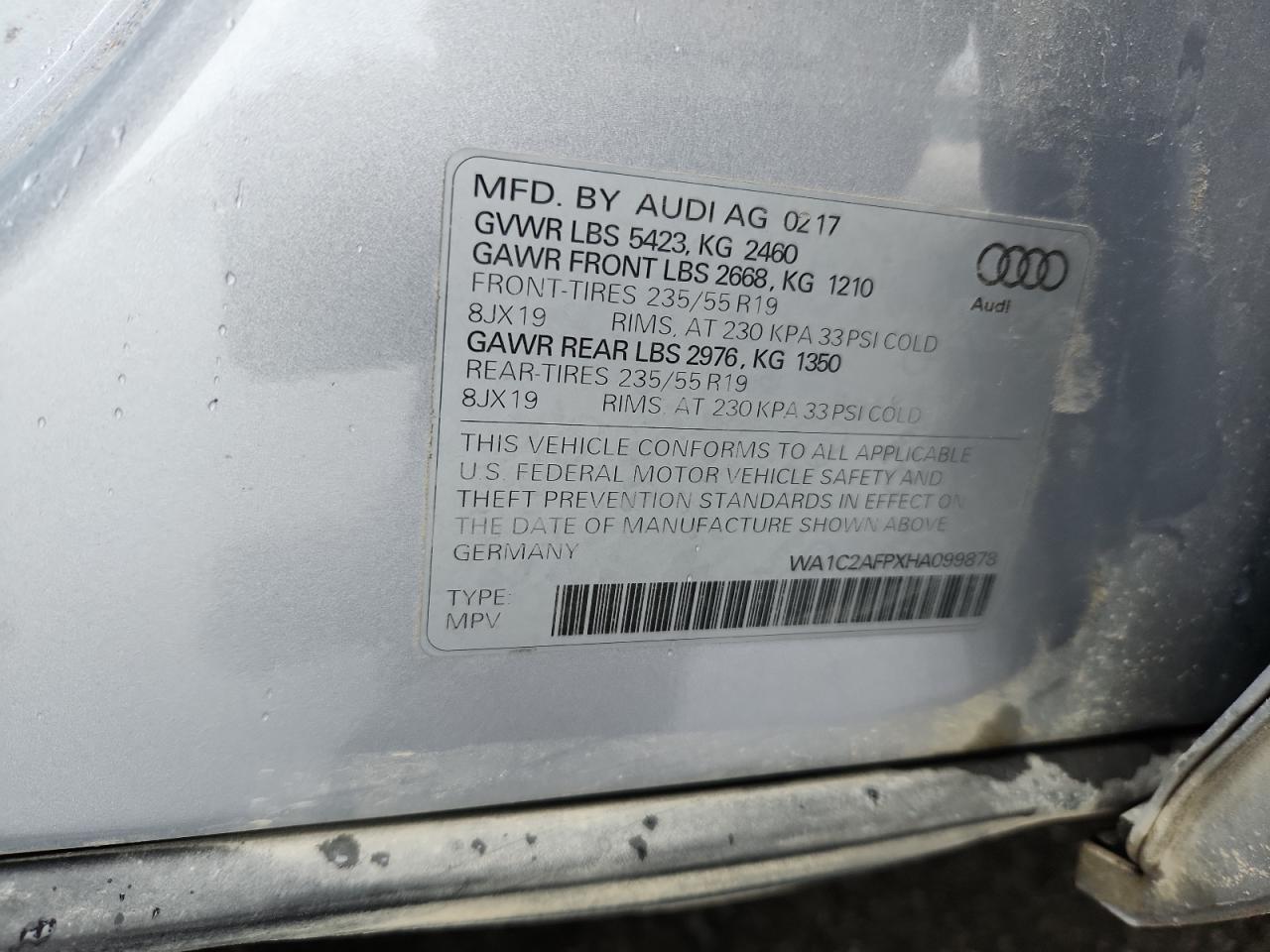 2017 Audi Q5 Premium VIN: WA1C2AFPXHA099878 Lot: 66546085