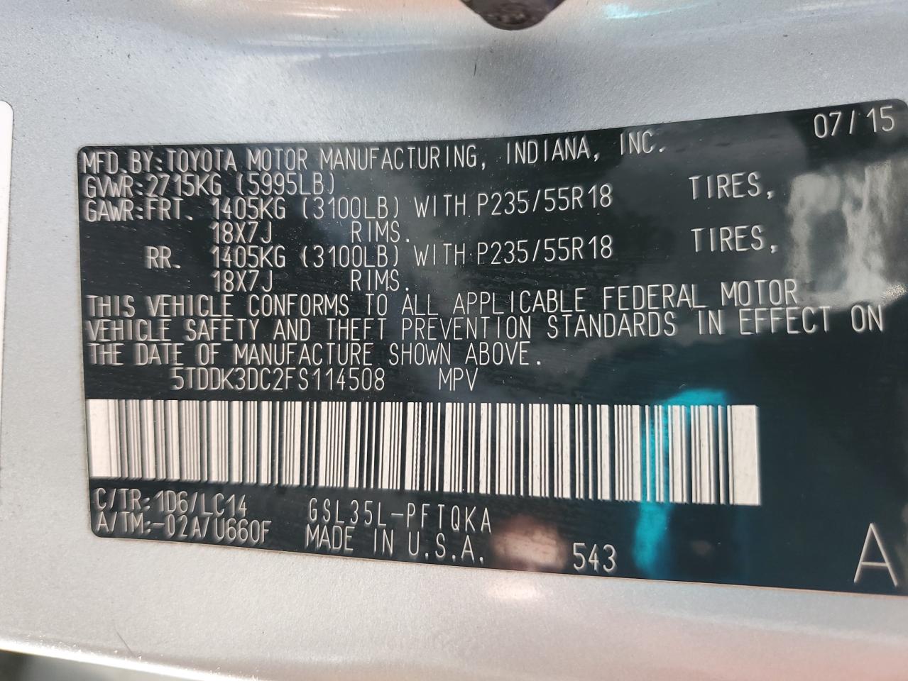 2015 Toyota Sienna Xle VIN: 5TDDK3DC2FS114508 Lot: 63118805