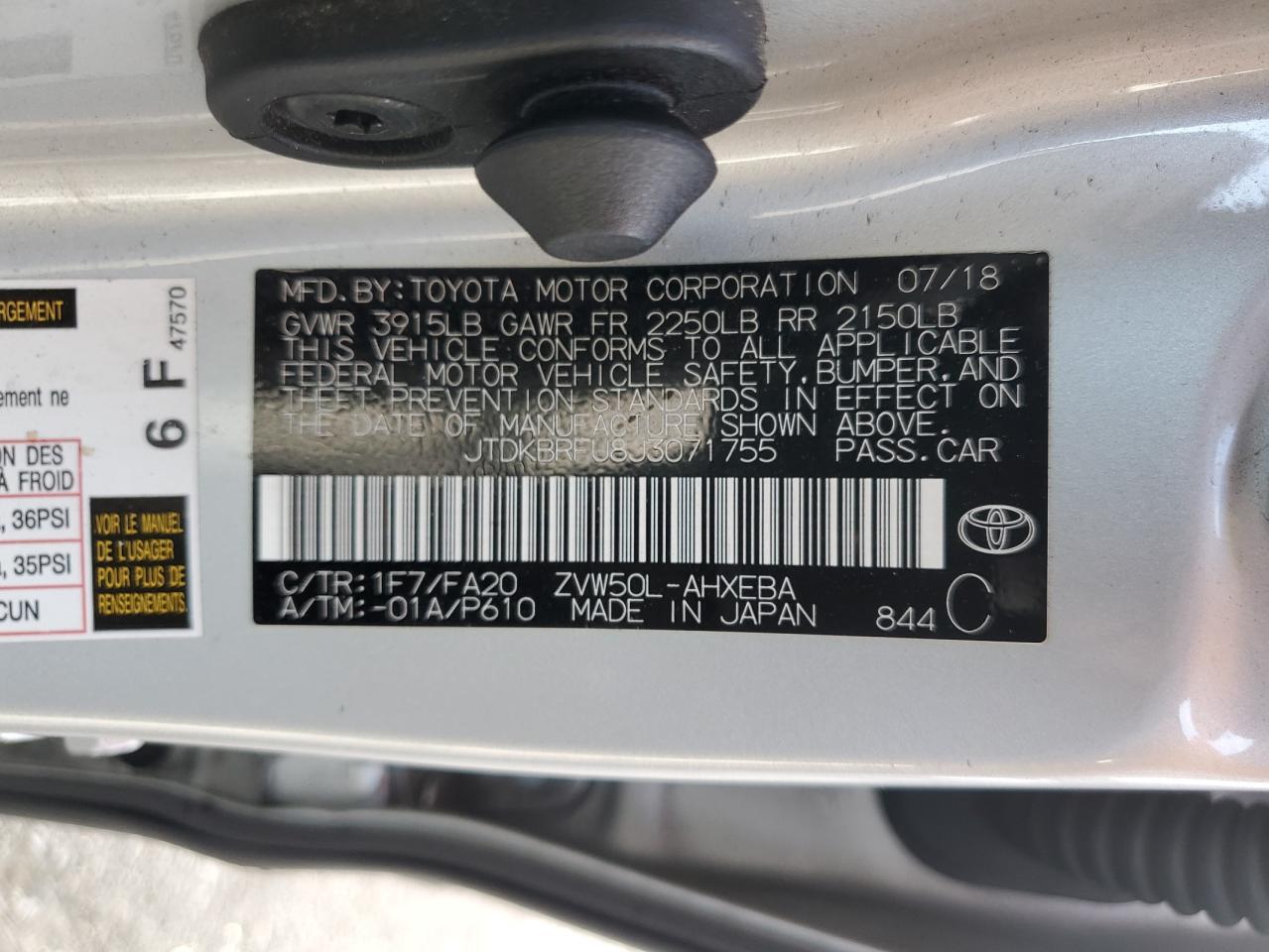 2018 Toyota Prius VIN: JTDKBRFU8J3071755 Lot: 62422305